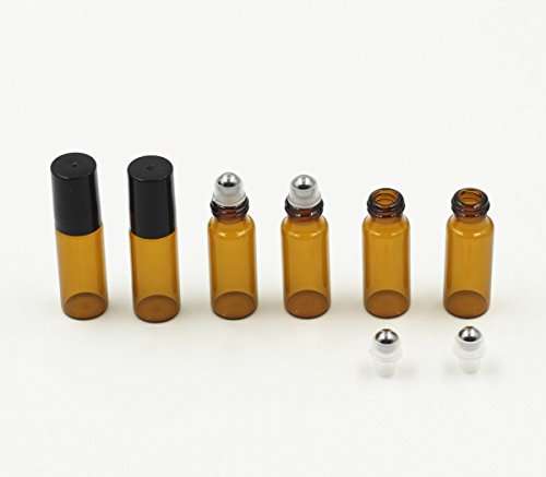 5ml Amber Glass Roller Bottles Roll Bottle with Metal Ball for Essential Oil Aromatherapy Perfume...