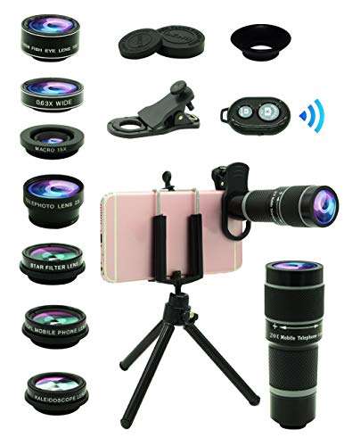 Cell Phone Camera Lens Kit,11 in 1 Universal 20x Zoom Telephoto Lens,0.63Wide Angle+15X Macro+198...