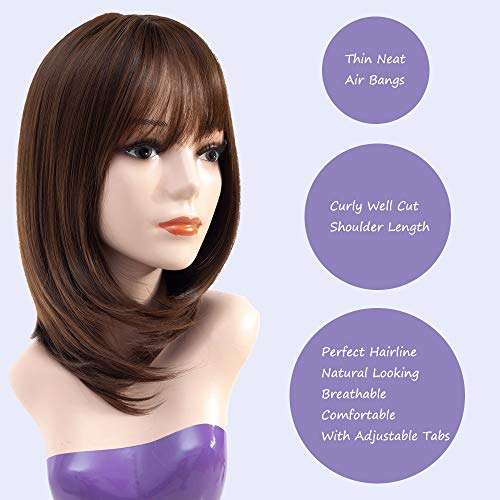 Queentas 14inch Shoulder Length Short Bob Wigs with Air Bangs Layered Synthetic Hair Wigs for Whi...