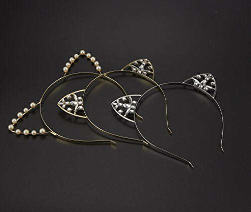 Cat Ears Headband - 6 Pack Rhinestones Pearls Kitty Cosplay Costume Hair Headwear for Theme and...