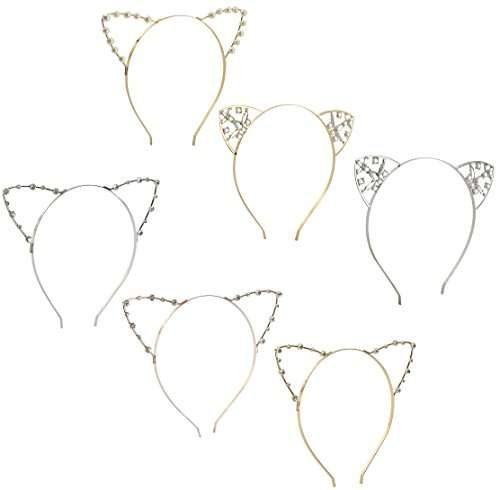 Cat Ears Headband - 6 Pack Rhinestones Pearls Kitty Cosplay Costume Hair Headwear for Theme and...