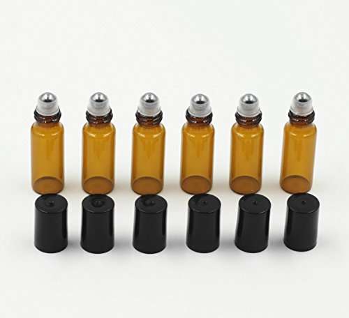5ml Amber Glass Roller Bottles Roll Bottle with Metal Ball for Essential Oil Aromatherapy Perfume...