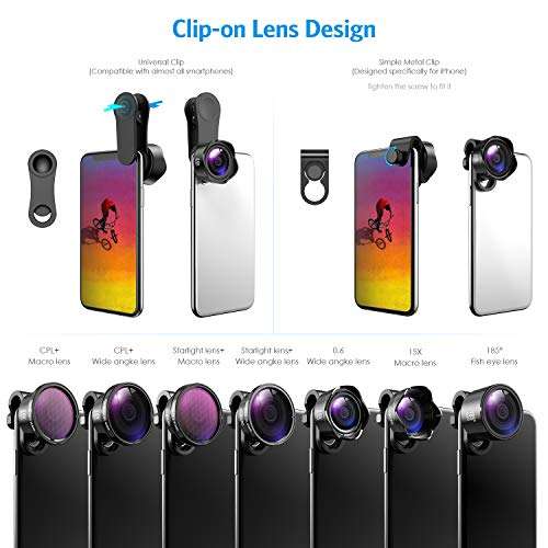 [Upgraed Version] AMIR Phone Camera Lens, 5 in 1 Cell Phone Lens Kit, 15X Macro Lens + 0.6X Wide ...