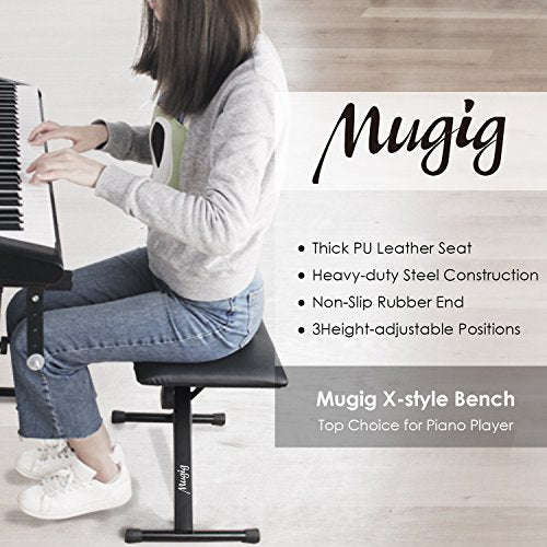 Mugig Piano Keyboard Bench, 3 Height Adjustable Keyboard Seat with 35mm Leather, Keyboard Stool f...