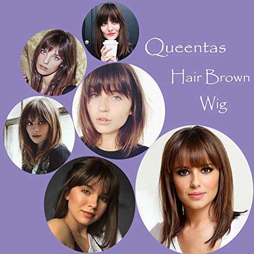 Queentas 14inch Shoulder Length Short Bob Wigs with Air Bangs Layered Synthetic Hair Wigs for Whi...