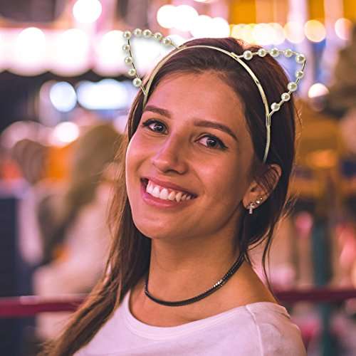 Cat Ears Headband - 6 Pack Rhinestones Pearls Kitty Cosplay Costume Hair Headwear for Theme and...