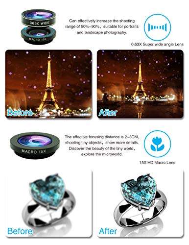 Cell Phone Camera Lens Kit,11 in 1 Universal 20x Zoom Telephoto Lens,0.63Wide Angle+15X Macro+198...