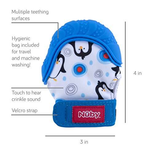 Nuby Soothing Teething Mitten with Hygienic Travel Bag, Blue Penguins