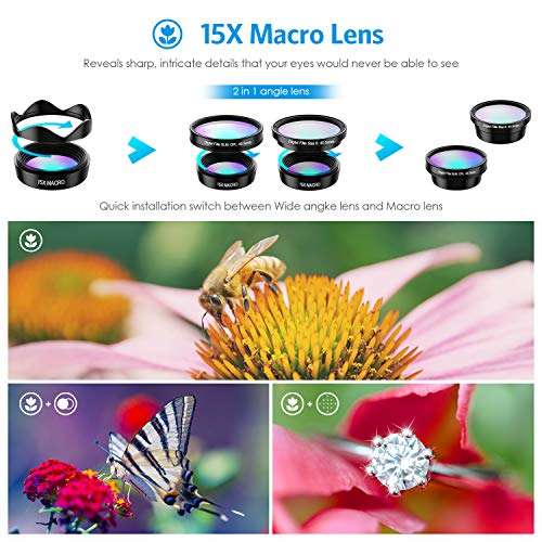 [Upgraed Version] AMIR Phone Camera Lens, 5 in 1 Cell Phone Lens Kit, 15X Macro Lens + 0.6X Wide ...