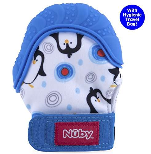 Nuby Soothing Teething Mitten with Hygienic Travel Bag, Blue Penguins