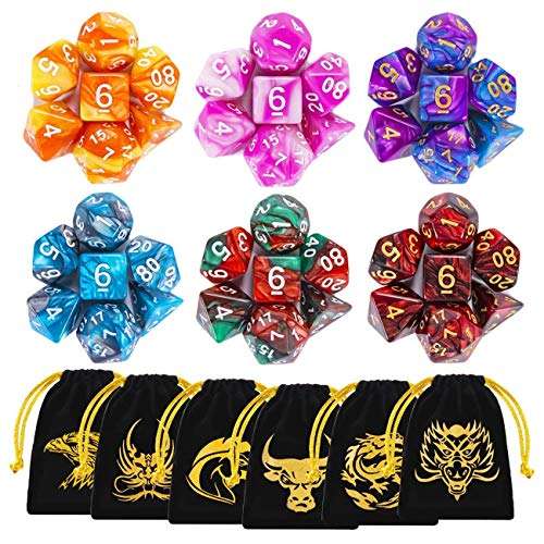 QMAY DND Dice Set, Polyhedral Game Dice Dungeons and Dragons Dice with Gold Patten Bags for Dunge...