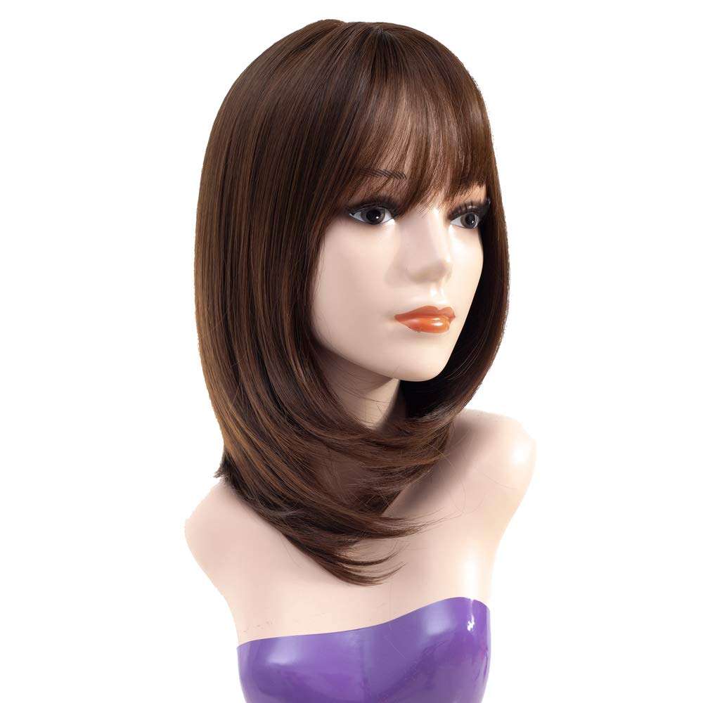 Queentas 14inch Shoulder Length Short Bob Wigs with Air Bangs Layered Synthetic Hair Wigs for Whi...