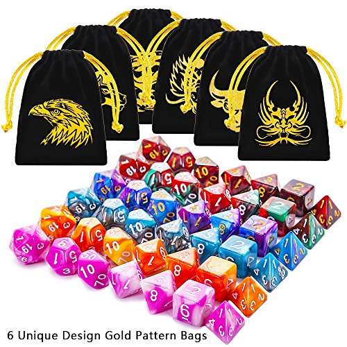 QMAY DND Dice Set, Polyhedral Game Dice Dungeons and Dragons Dice with Gold Patten Bags for Dunge...