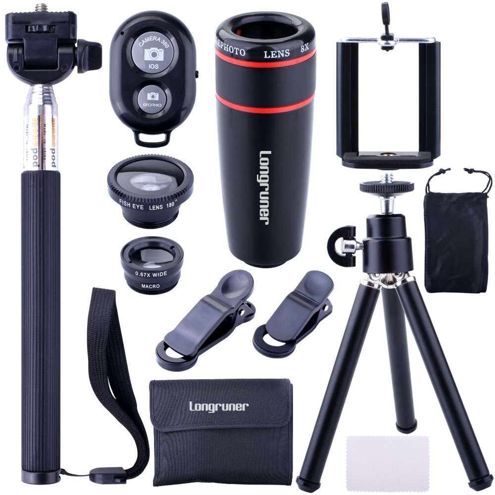 Longruner 10 in 1 Mini Lens Kit 8 x Telephoto Lens + Fish Eye Lens + Wide Angle + Macro Lens Self...