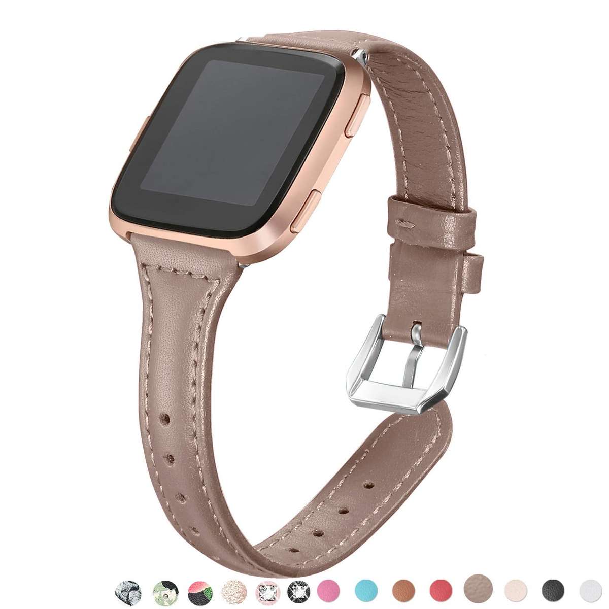 bayite Bands Compatible Fitbit Versa, Slim Genuine Leather Band Replacement Accessories Strap Ver...