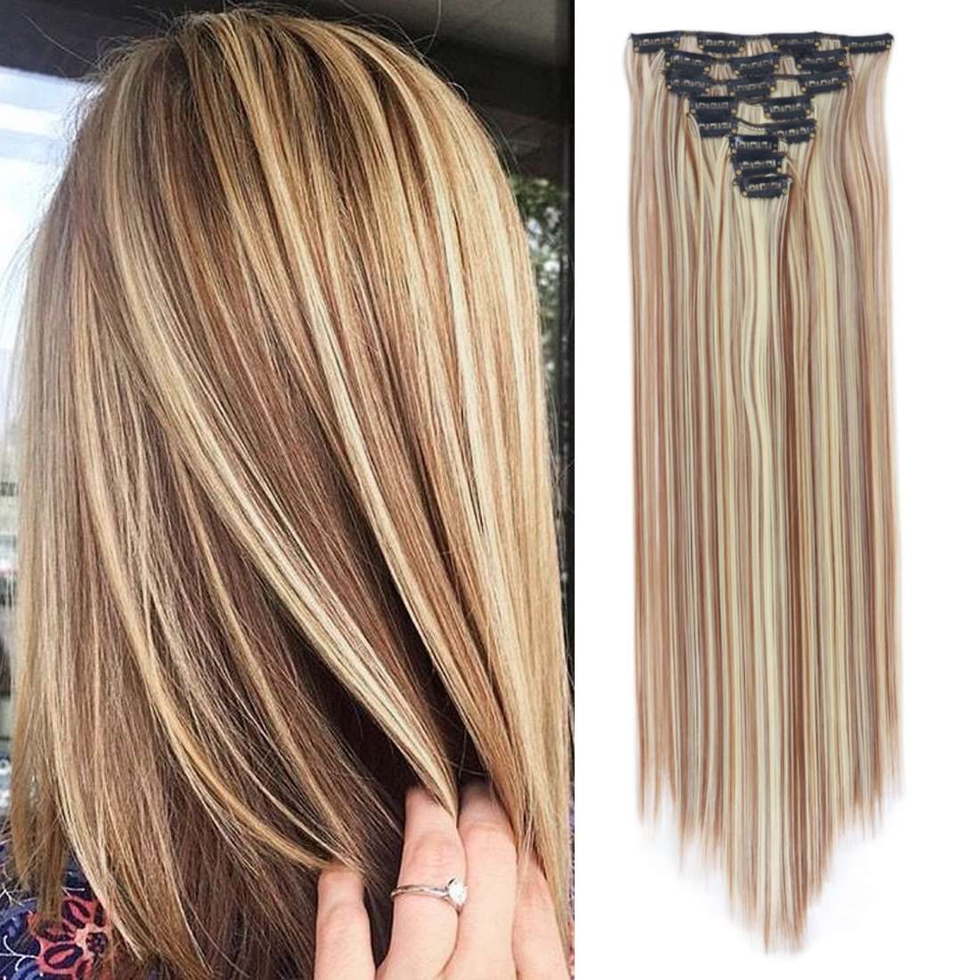 MSHAIR 8 pieces 24" Straight Full Head Clip in Synthetic Hair Extensions 150g 12/613# Light Glode...