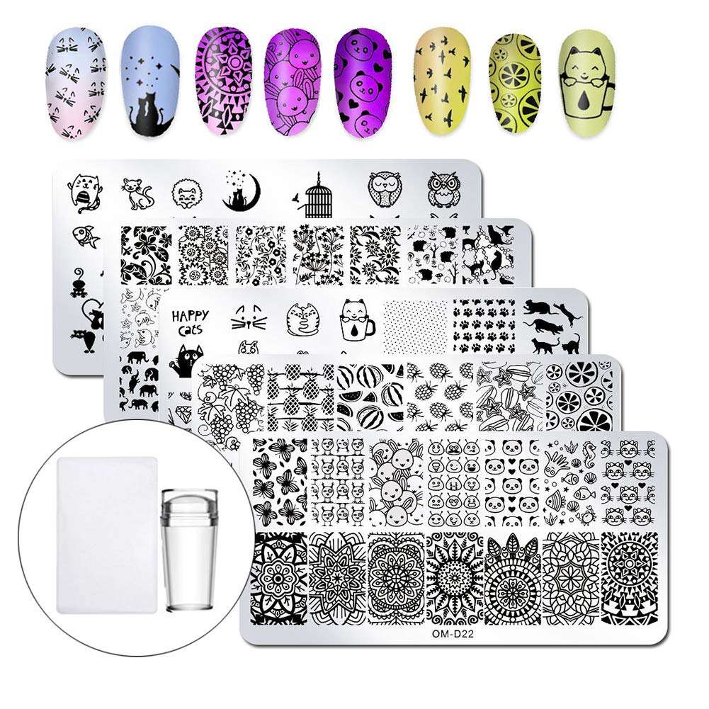 WOKOTO 5Pcs Nail Art Plates Stamping Set Fruit Animal Cat Panda Mandala Image Design Plates...