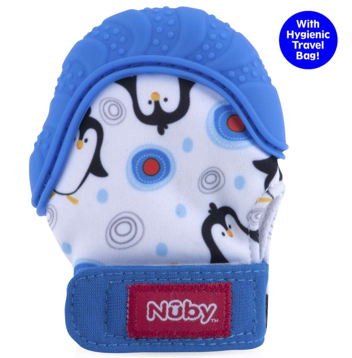Nuby Soothing Teething Mitten with Hygienic Travel Bag, Blue Penguins