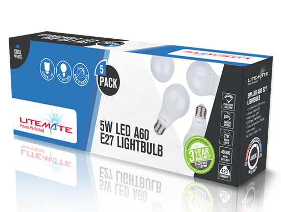 Litemate LED  230VAC Lamp - A60 - 5W 5-Pack / E27 Screw-in