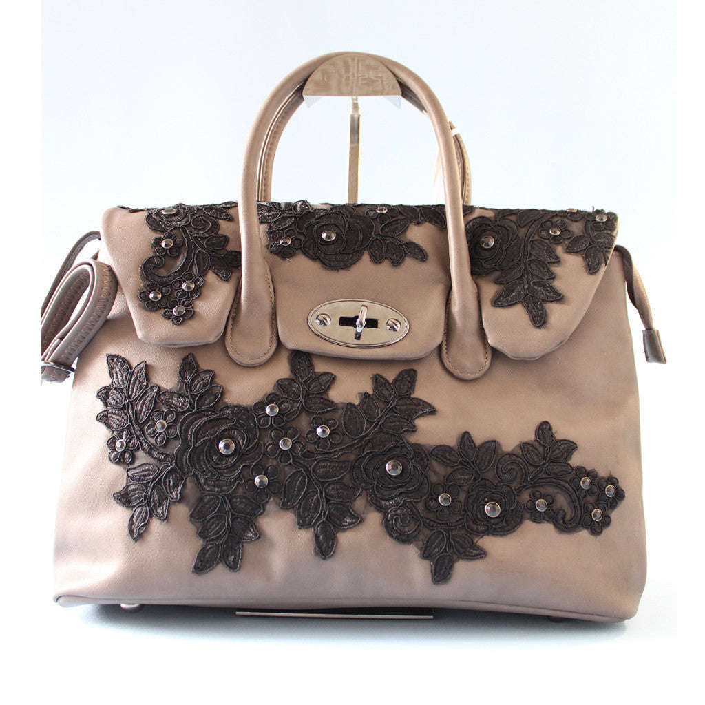 Gorgeous Lace Applique Satchel in Taupe- Step out in Style!