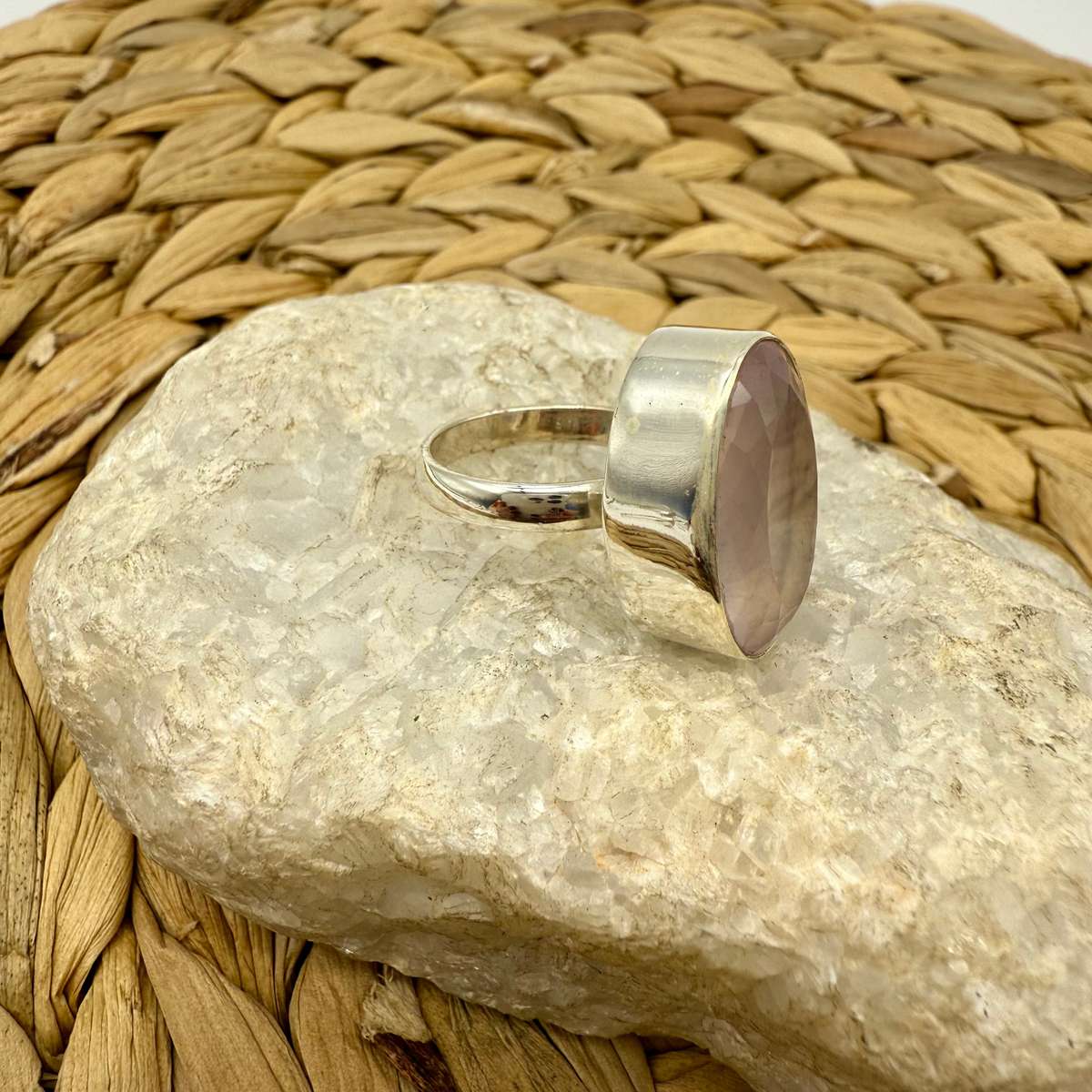 Rose Quartz Oval Faceted Sterling Silver Crystal Ring