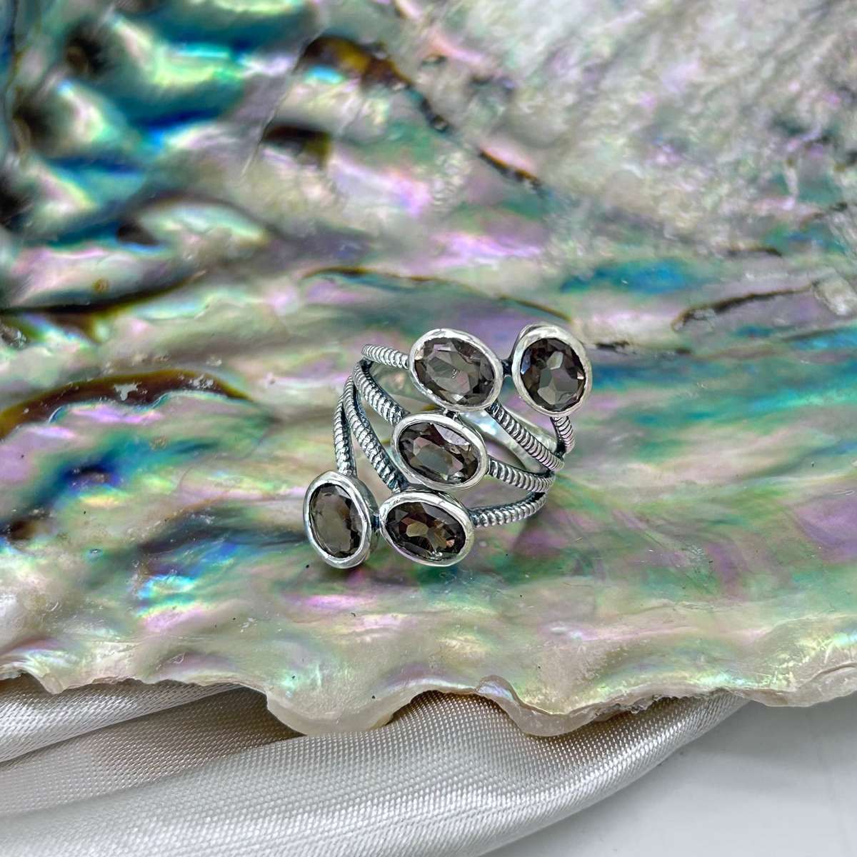 Smoky Quartz Sterling Silver 5 Stone Crystal Ring