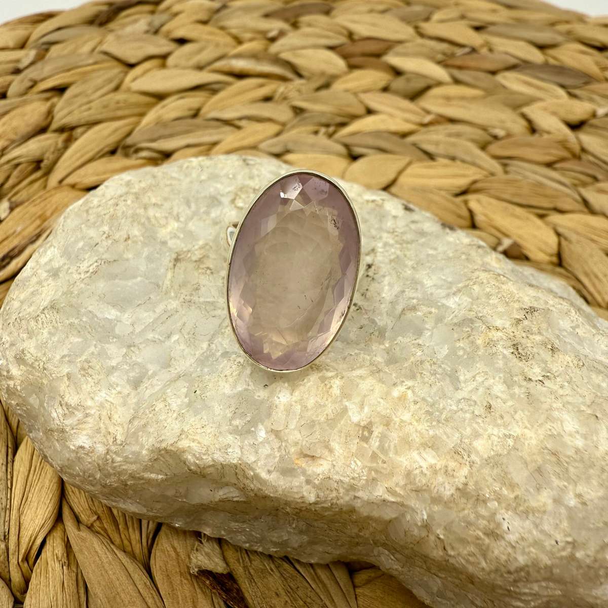 Rose Quartz Oval Faceted Sterling Silver Crystal Ring