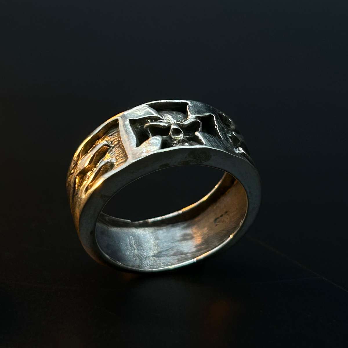 Mens Iron Cross Skull Flame Sterling Silver Ring