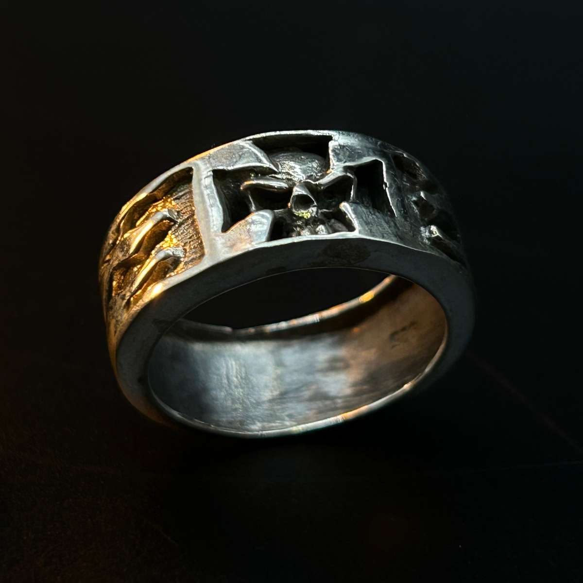 Mens Iron Cross Skull Flame Sterling Silver Ring