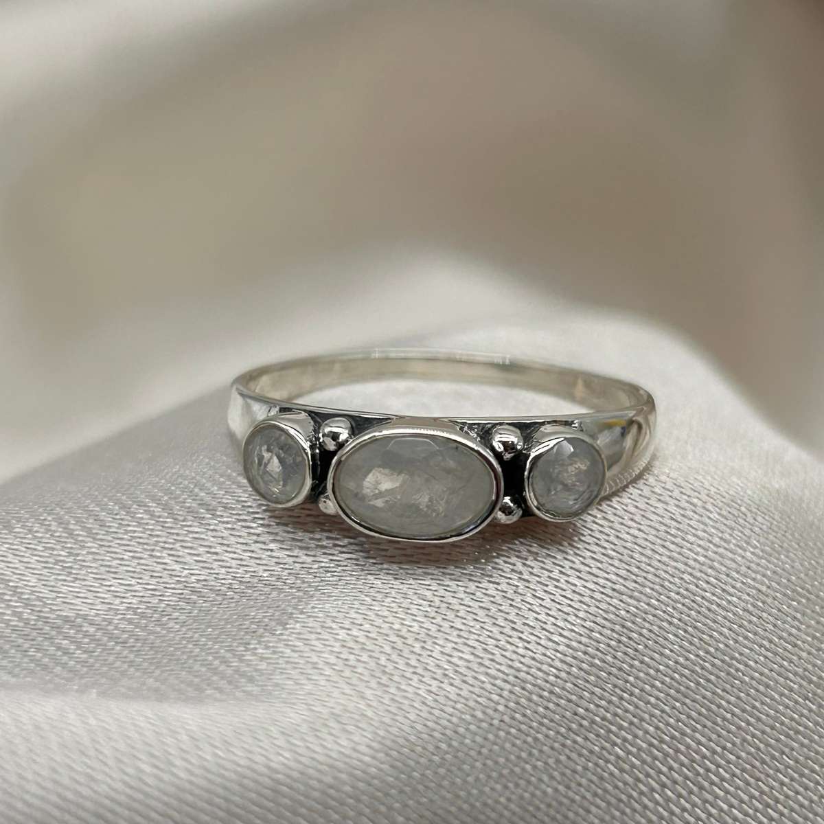 Moonstone Sterling Silver Crystal 3 Stone Ring