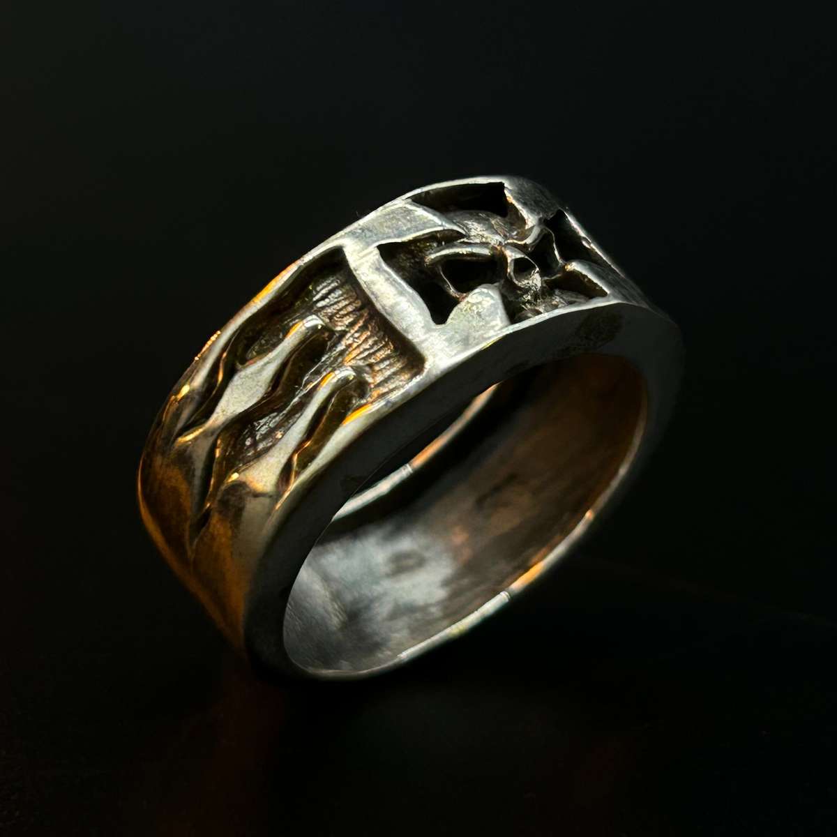 Mens Iron Cross Skull Flame Sterling Silver Ring