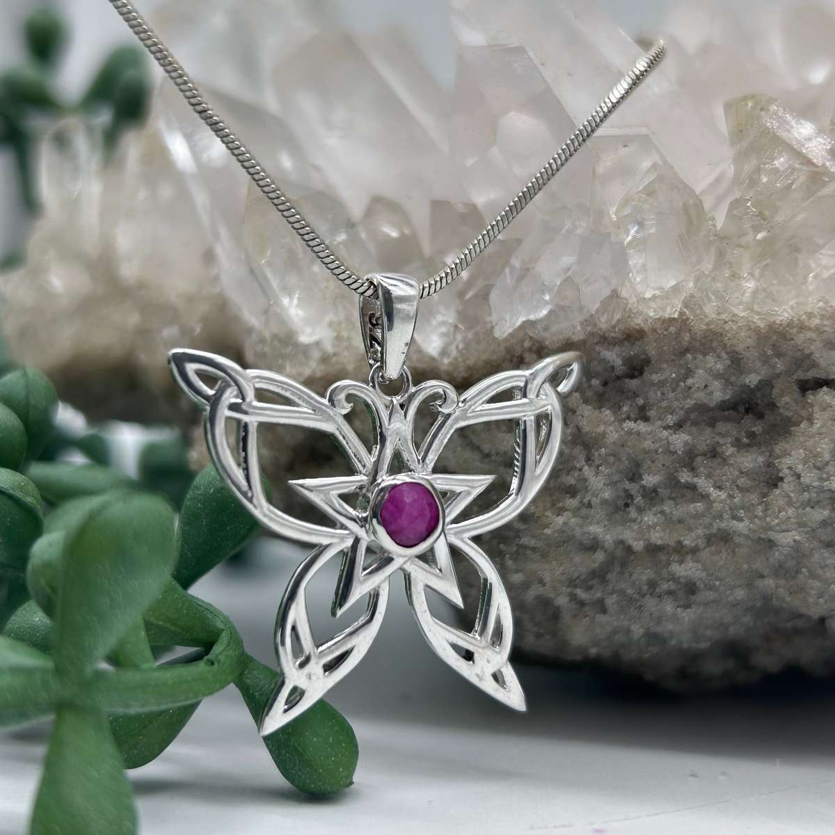Celtic Butterfly Ruby Cabochon Crystal Sterling Silver Pendant