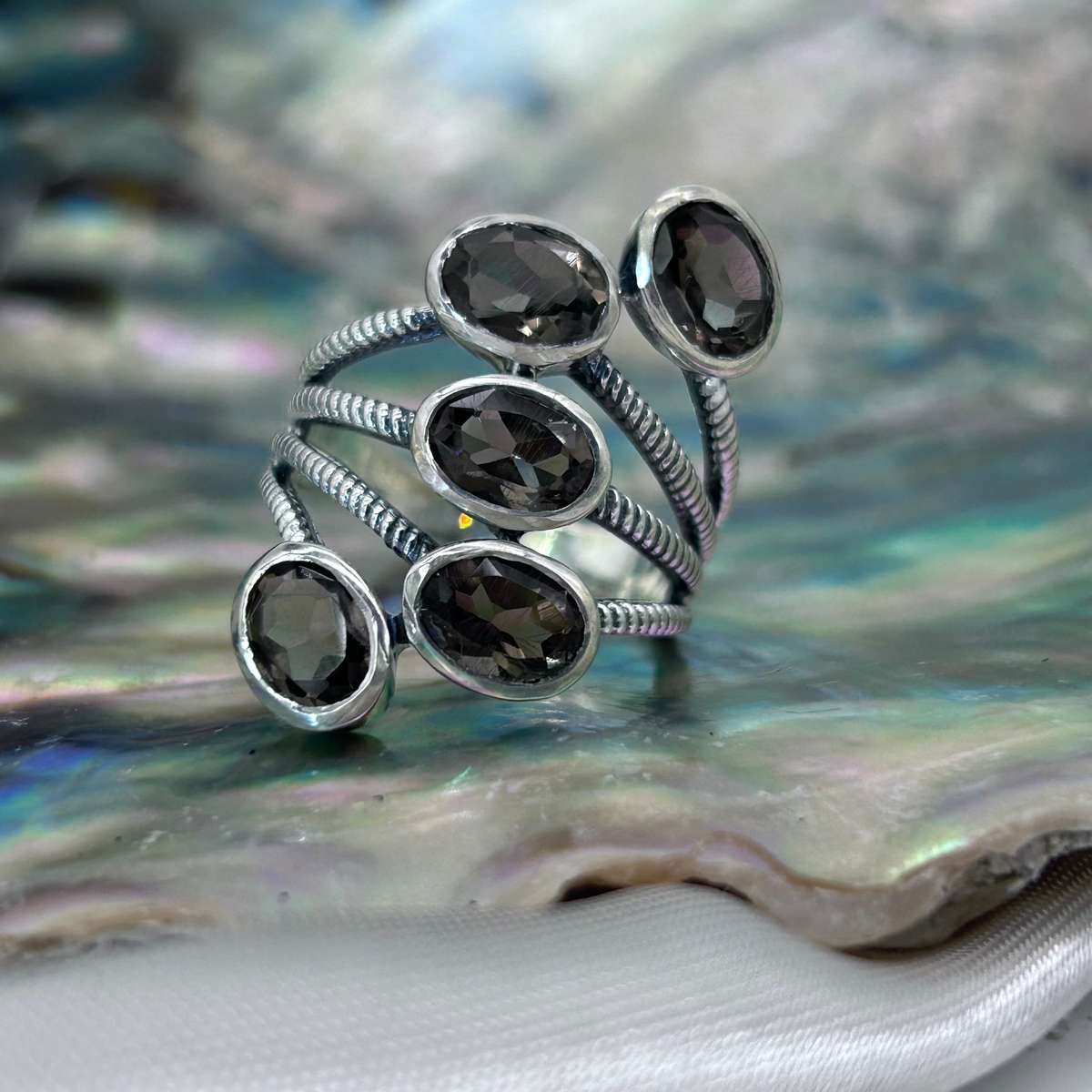 Smoky Quartz Sterling Silver 5 Stone Crystal Ring