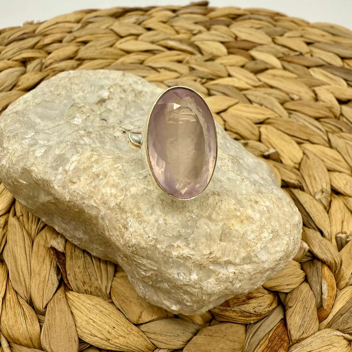 Rose Quartz Oval Faceted Sterling Silver Crystal Ring