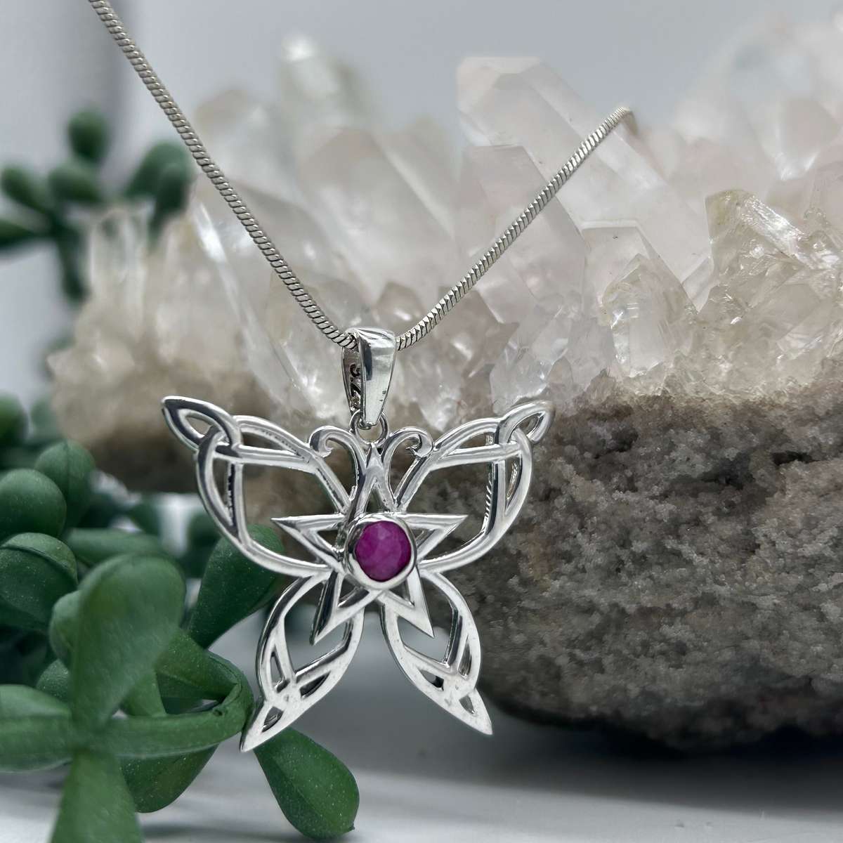 Celtic Butterfly Ruby Cabochon Crystal Sterling Silver Pendant