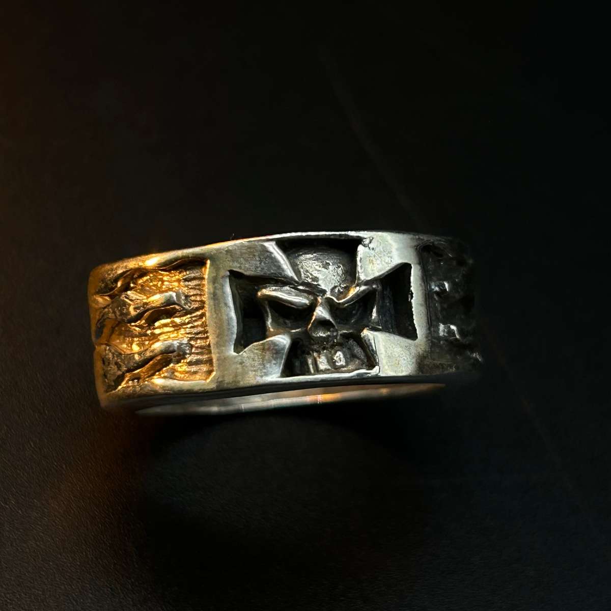 Mens Iron Cross Skull Flame Sterling Silver Ring