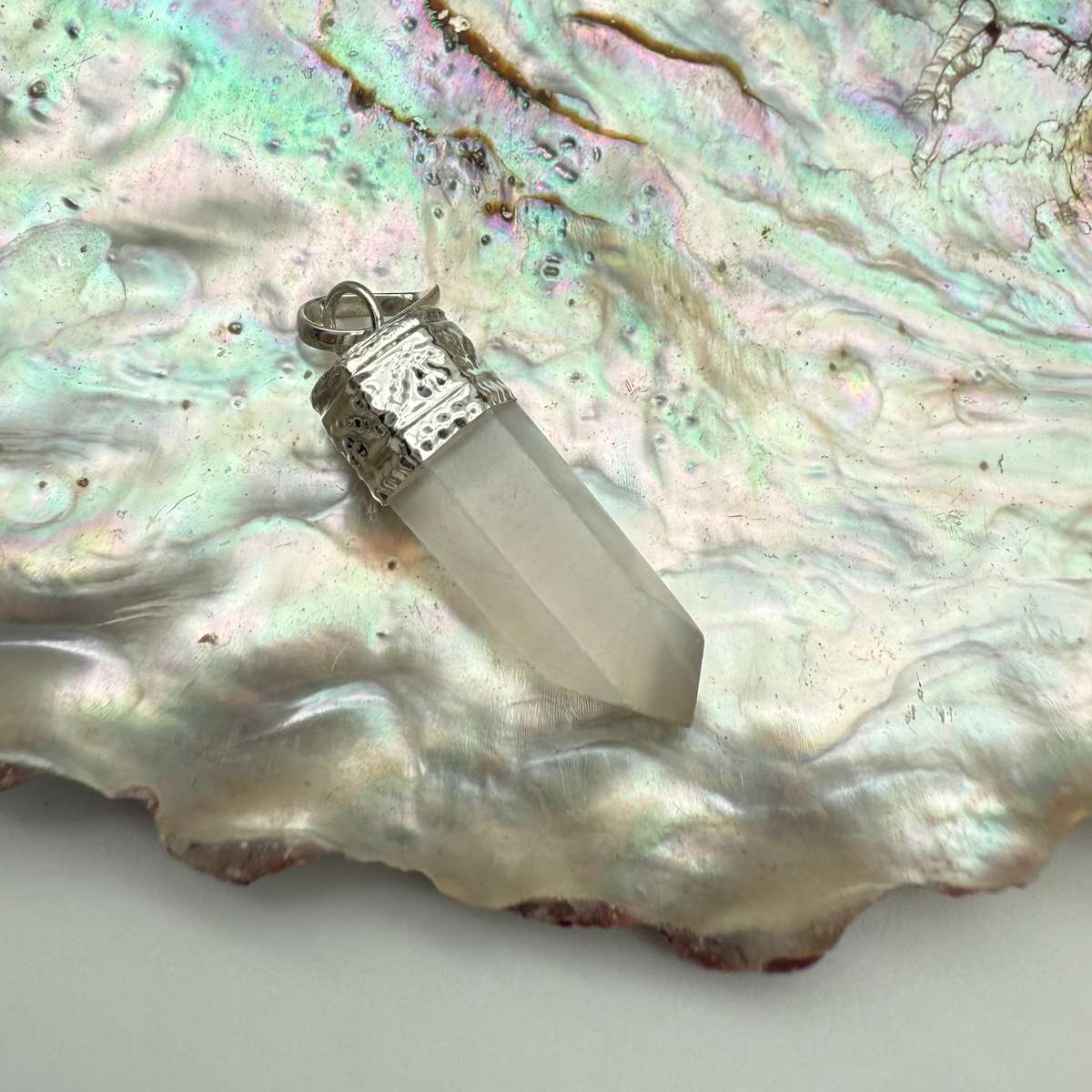 Selenite Petite Crystal Pencil Point White Metal Pendant from India