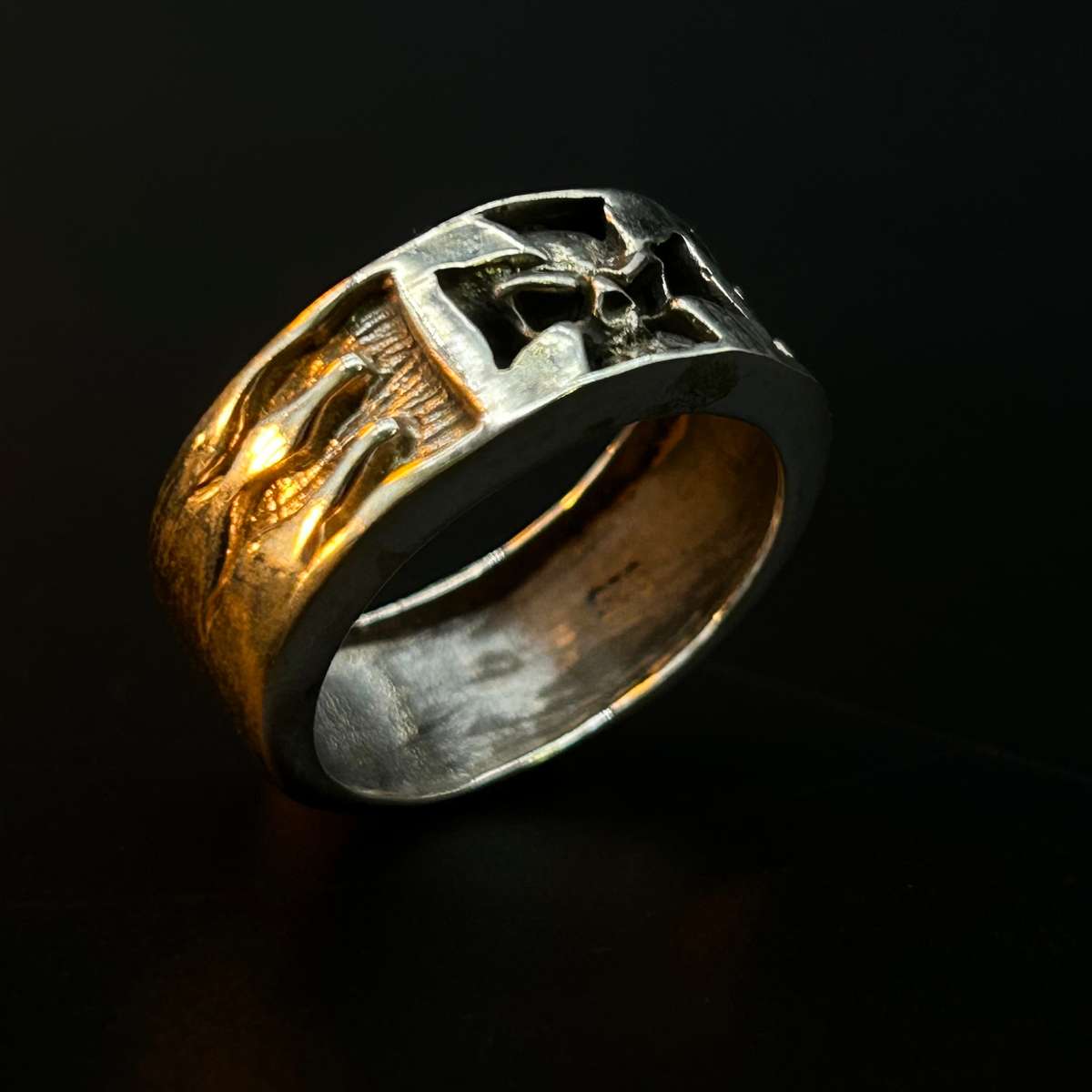 Mens Iron Cross Skull Flame Sterling Silver Ring