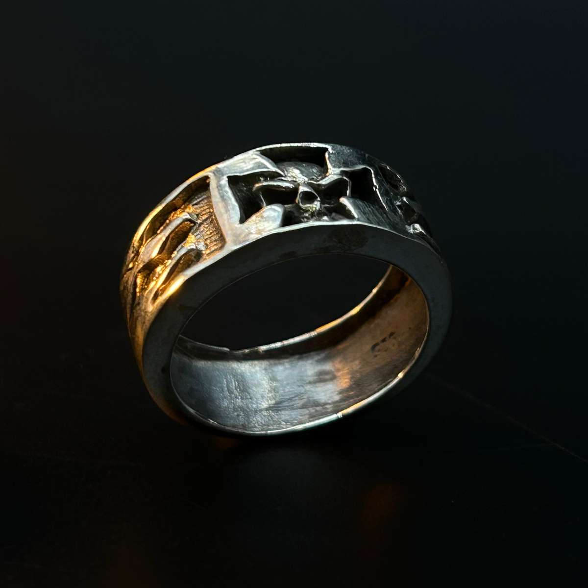 Mens Iron Cross Skull Flame Sterling Silver Ring