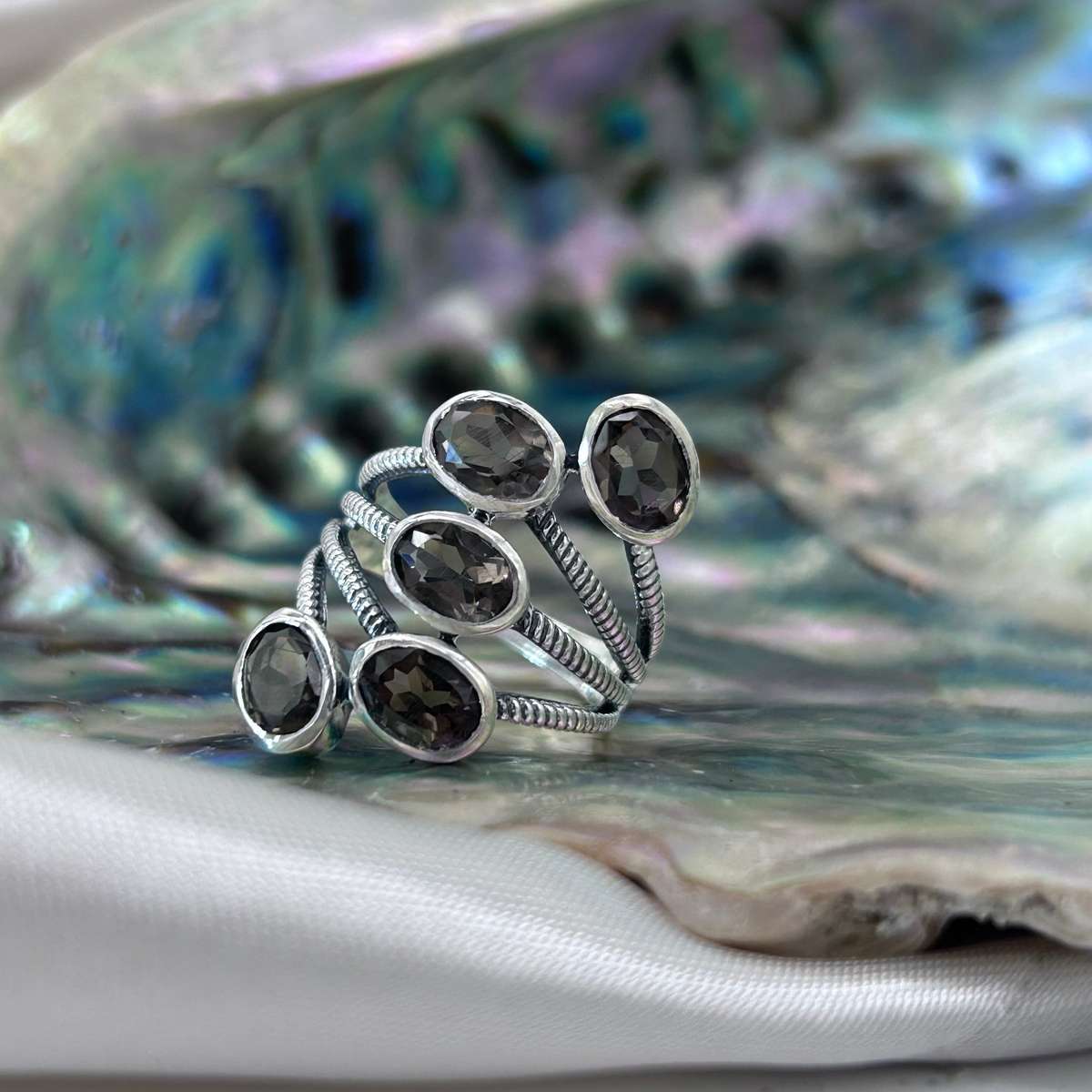 Smoky Quartz Sterling Silver 5 Stone Crystal Ring