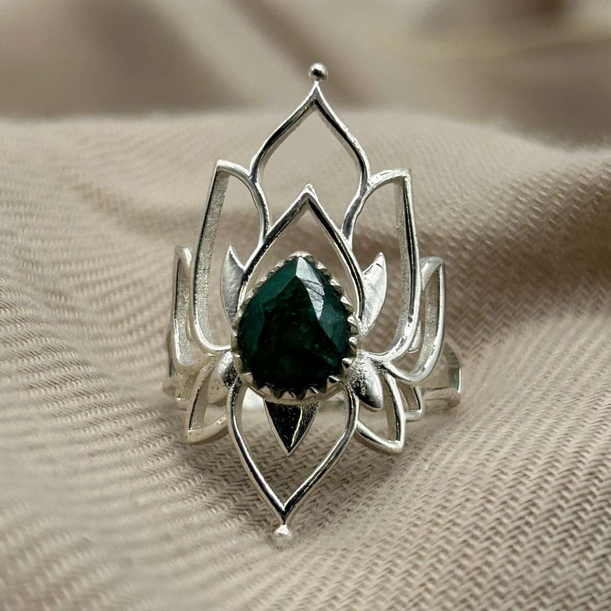Elven Sterling Silver Faceted Emerald Crystal Ring