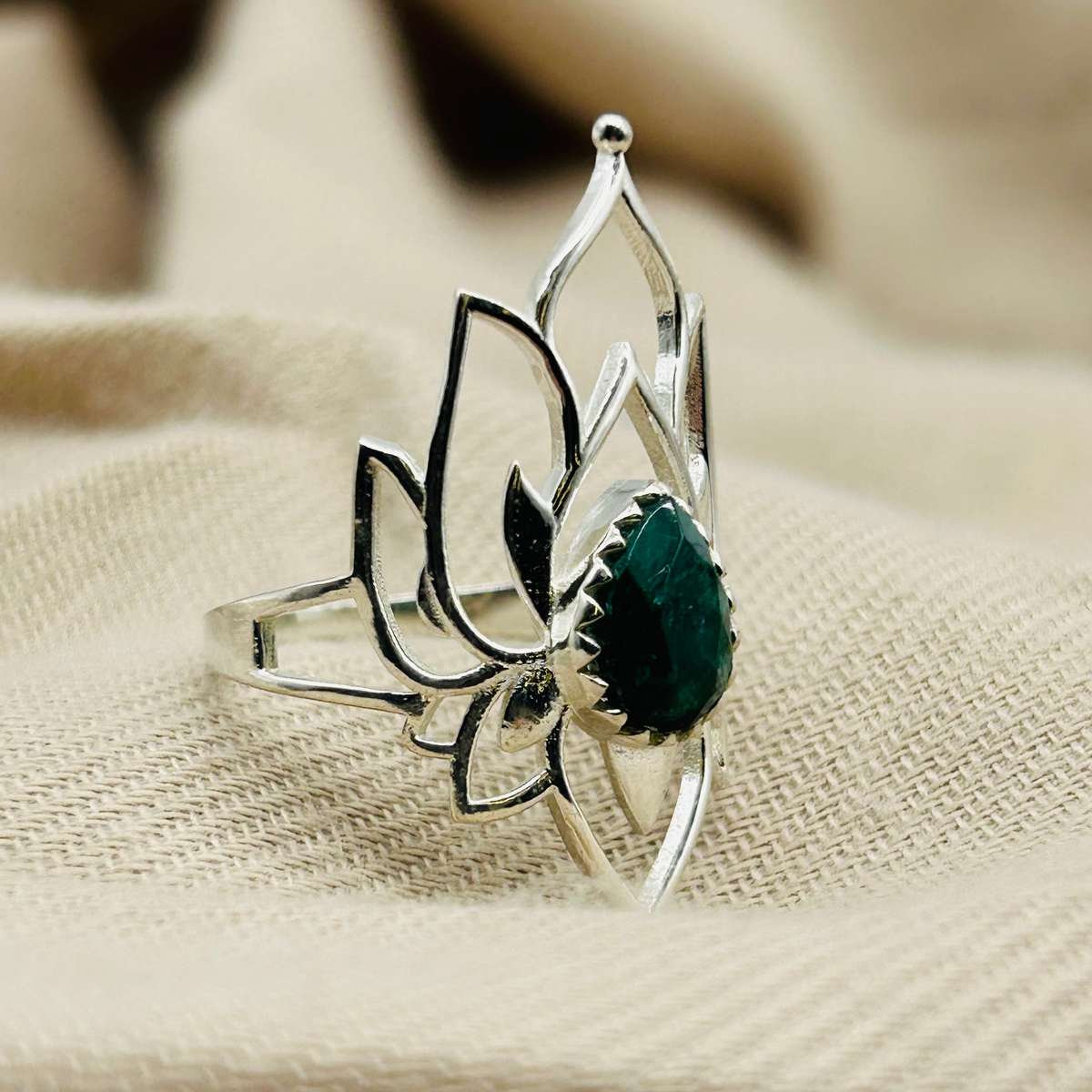 Elven Sterling Silver Faceted Emerald Crystal Ring