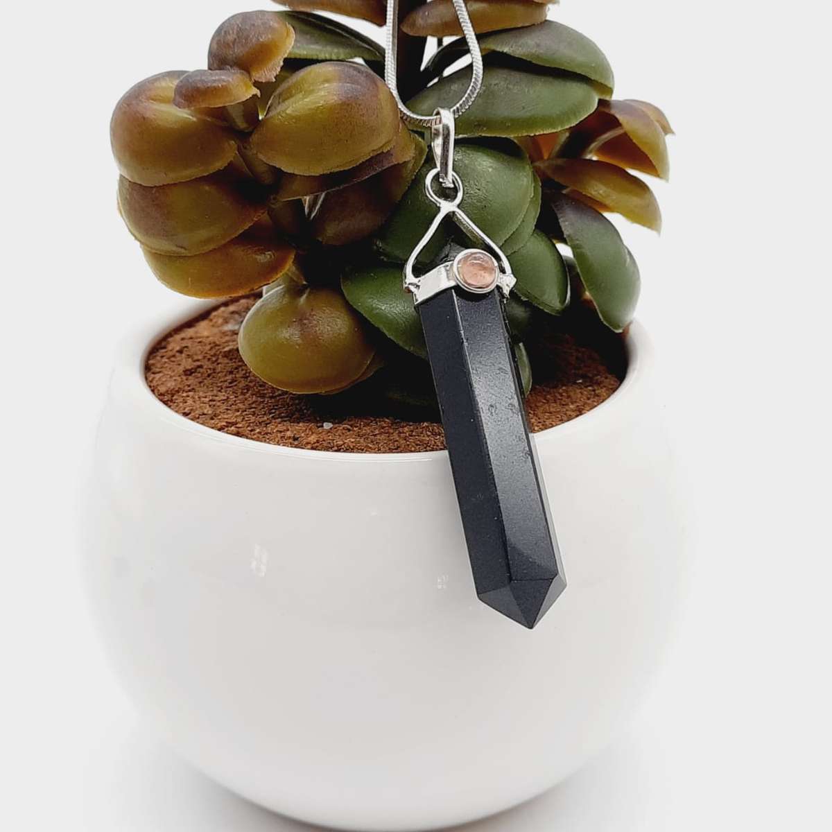 Black Onyx with Pink Tourmaline Cabochon Double Terminated Crystal Pendant