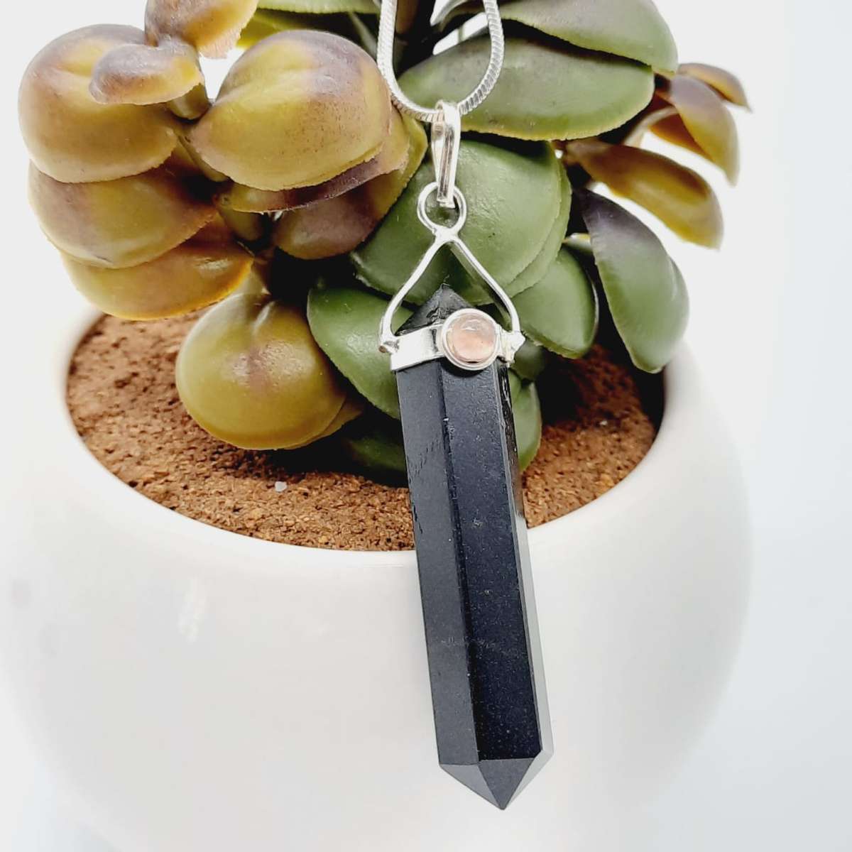 Black Onyx with Pink Tourmaline Cabochon Double Terminated Crystal Pendant