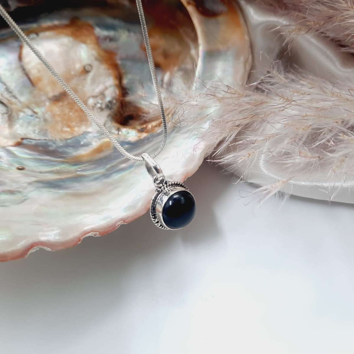 Sterling Silver Black Onyx Crystal Cabochon Pendant