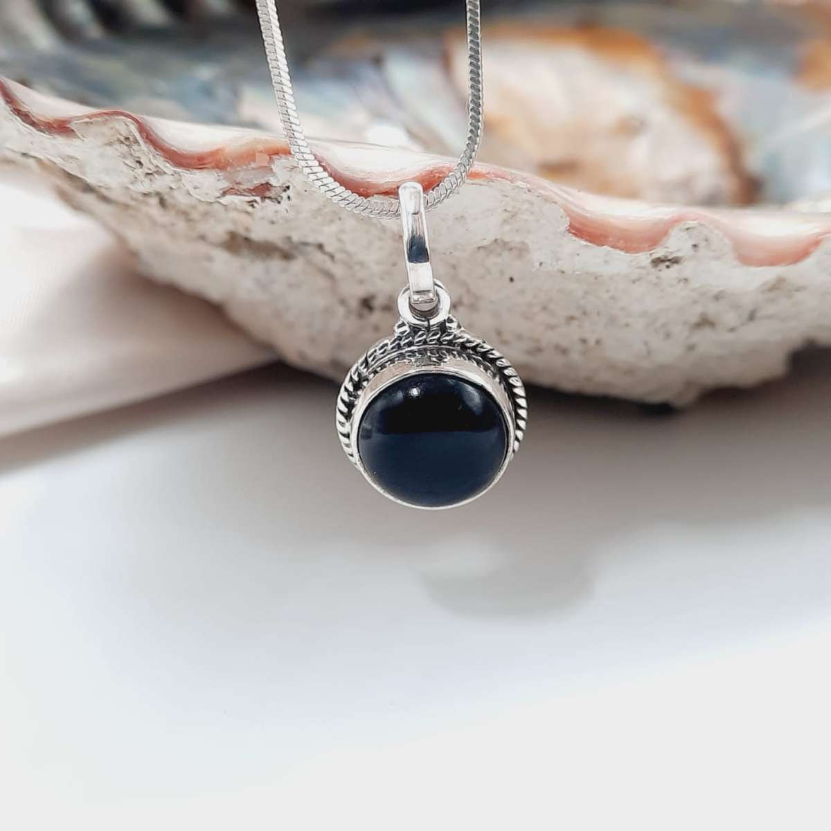 Sterling Silver Black Onyx Crystal Cabochon Pendant