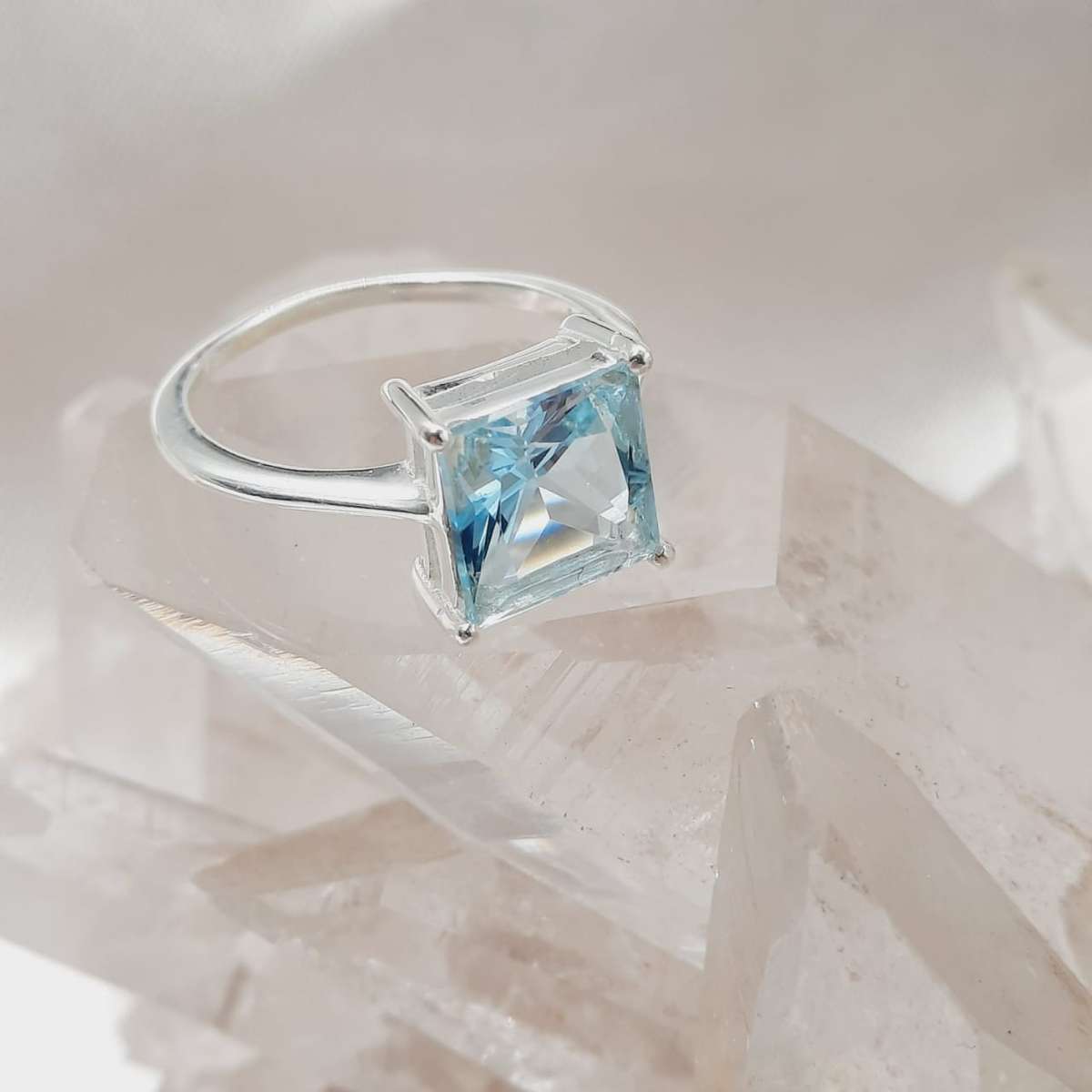 Faceted Blue Topaz Crystal Sterling Silver Square Shaped Ring