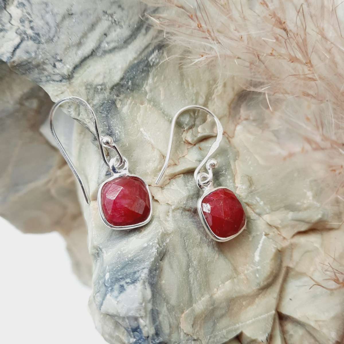 Sterling Silver Square Shaped Ruby Faceted Crystal Earrings