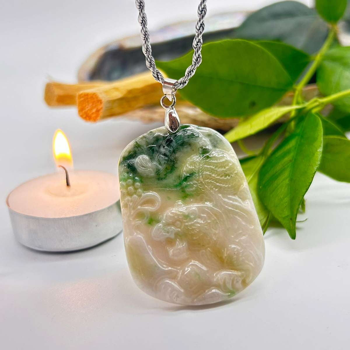 White Green Jade Pendant with Tiger