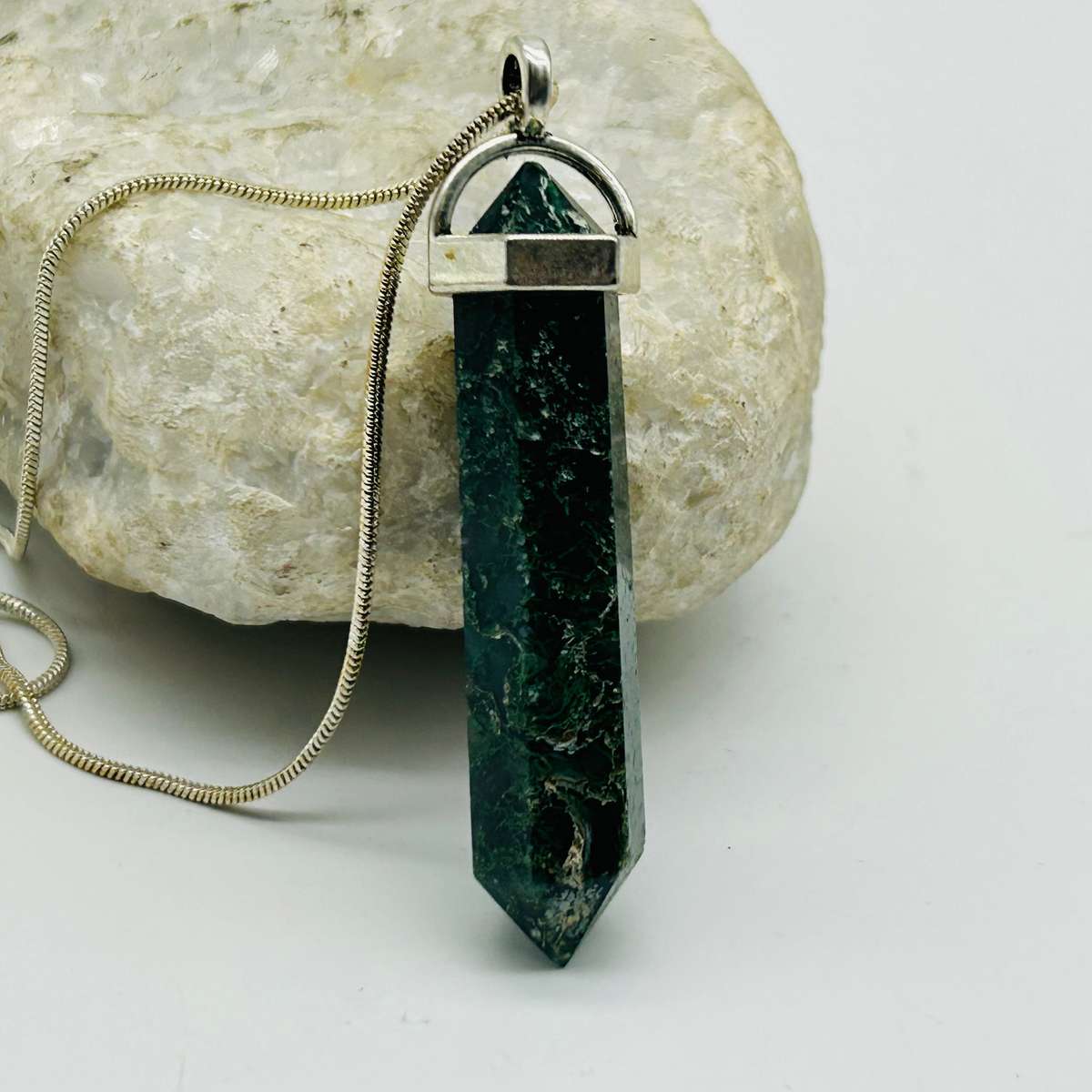 Men's Moss Agate White Metal Crystal Pendant